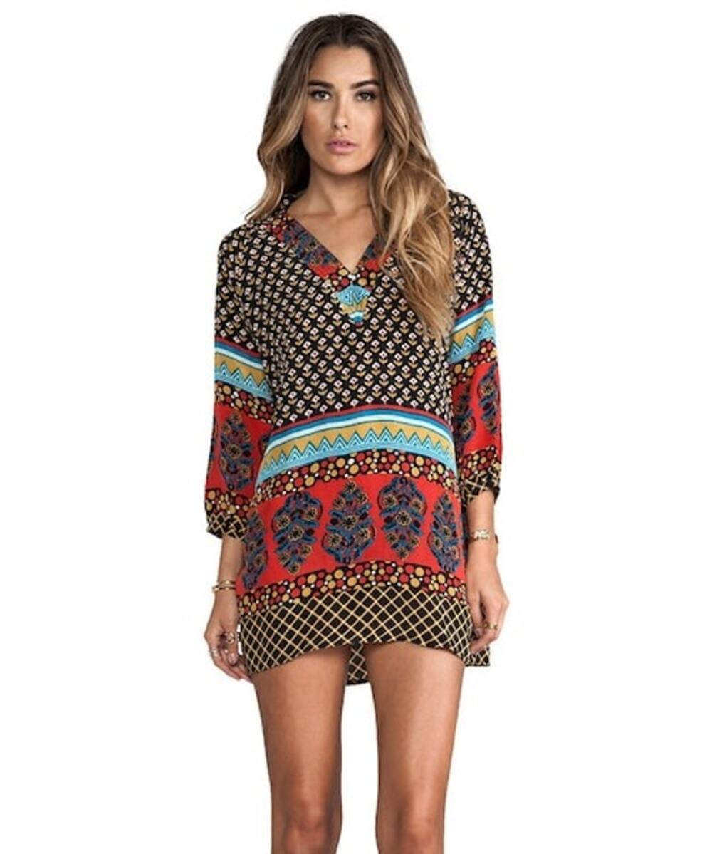 Tolani 100% Silk Tunic Dress Black Boho Geometric Tribal Beach Cover Up Size M